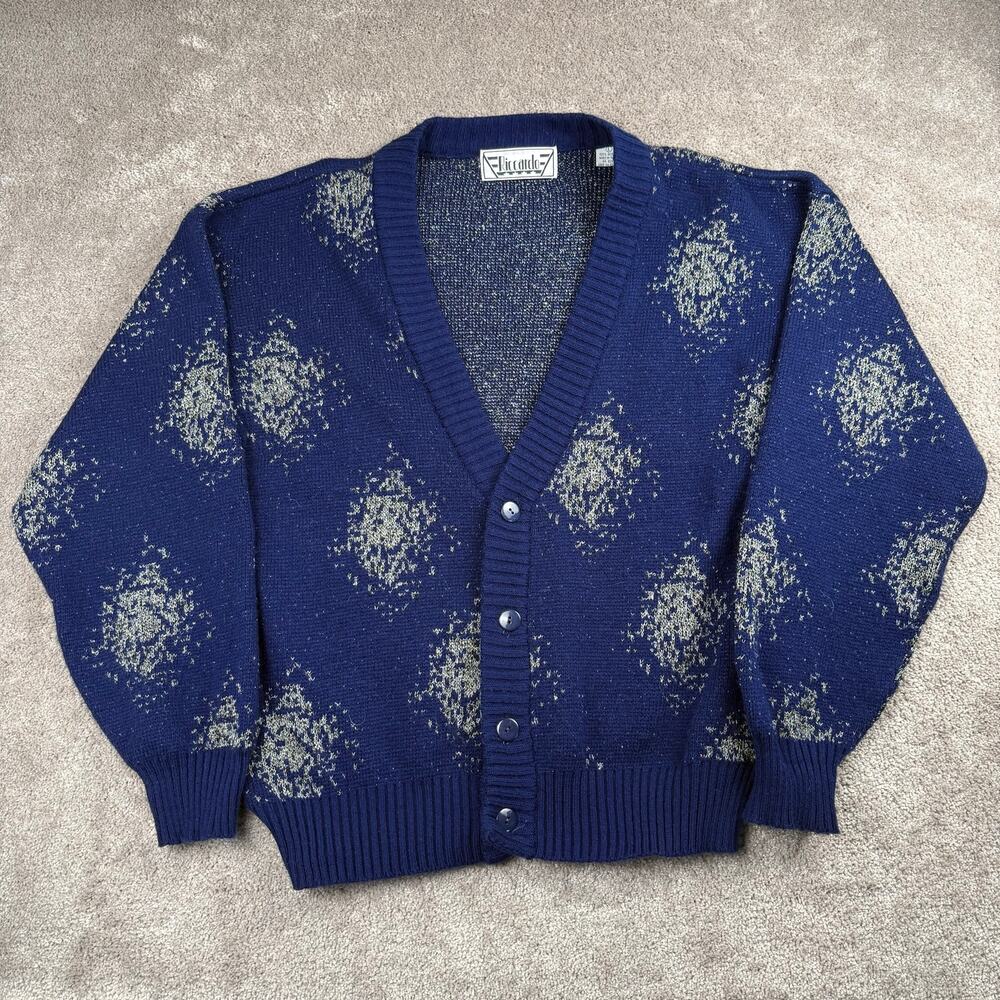 Vtg Tricots Navy Blue Speckled Diamond Pattern Cardigan Size L Preppy Grandpa